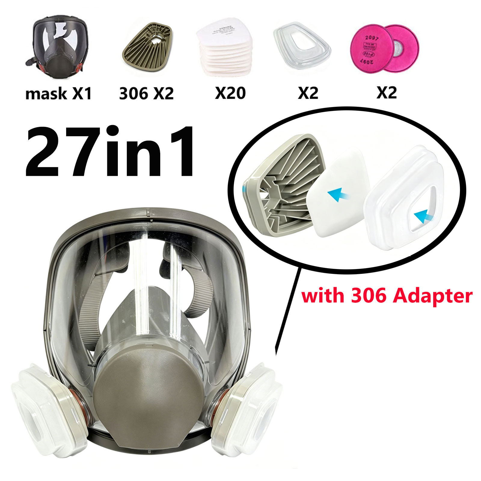 Dust Mask Construction - หน้ากากป้องกันฝุ่นแบบเต็มหน้า 6800 พร้อมอะแดปเตอร์กรอง 306 ดีไซน์ที่ทันสมัยกว่ารุ่น 6001CN